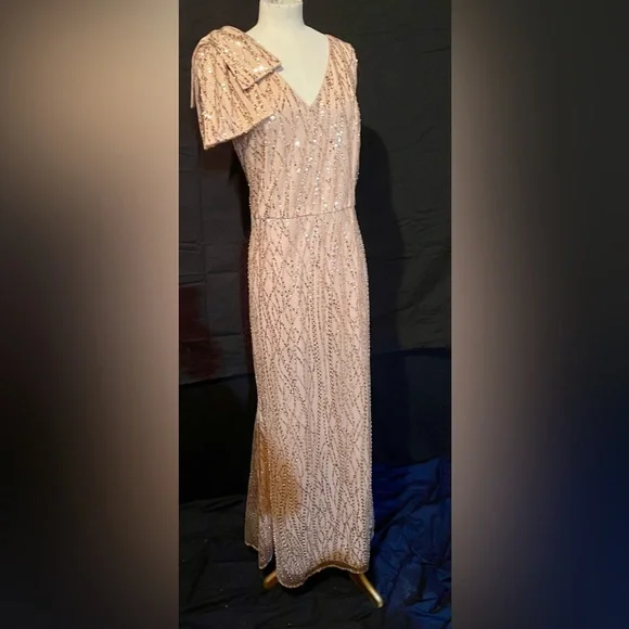 Dress Formal JS Collections Blush Gold 16 Sequined Sleeveless Bow V-Neck… - Picture 4 of 13